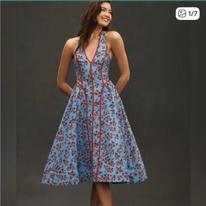 Anthropologie Blue and Red Floral Midi Dress